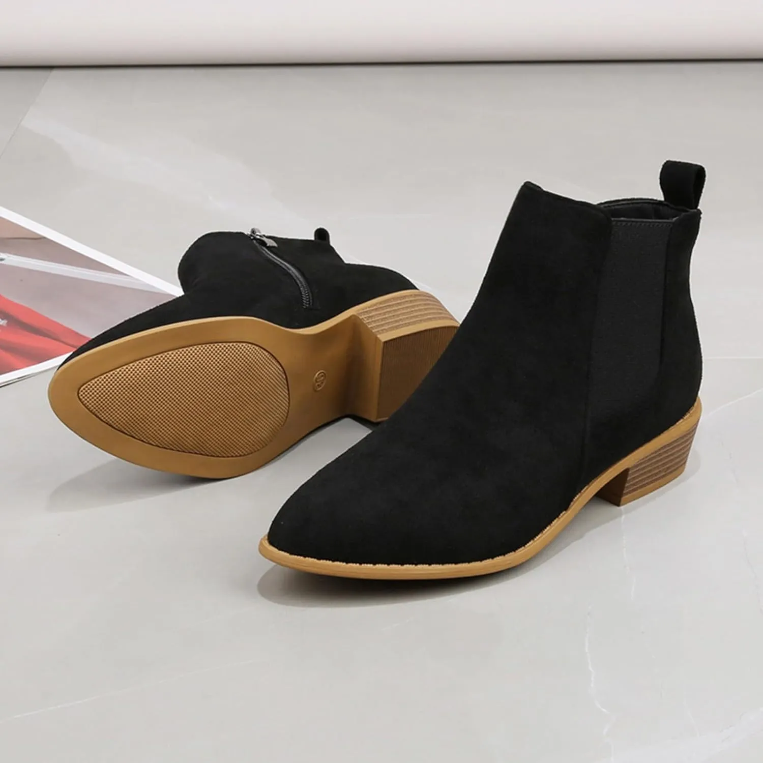 Ankle Boots for Women, Fashion Pointed Toe Chunky Block Heels Comfy Faux Stacked Low Heel Dressy Side Zipper Shoes