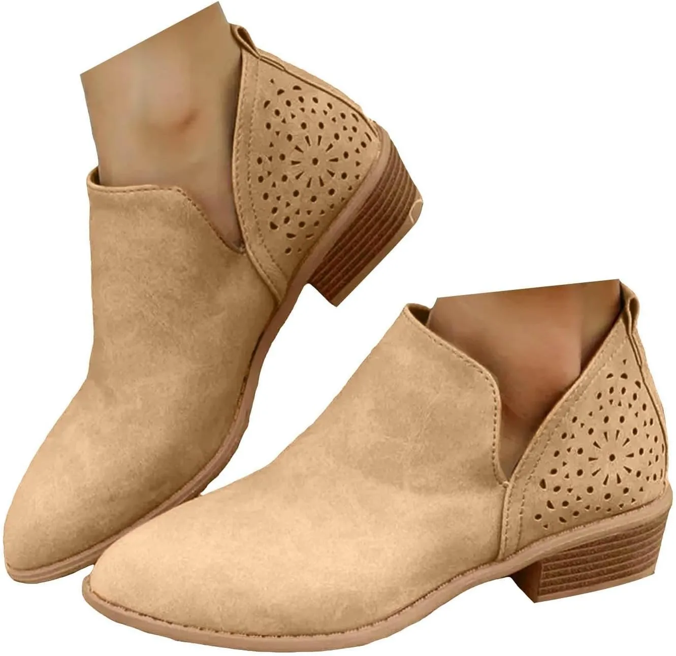Ankle Boots for Women, Low Heel Cut Out Slip On Short Chunky Stacked Heel Perforated Side V Cut Casual Western Booties