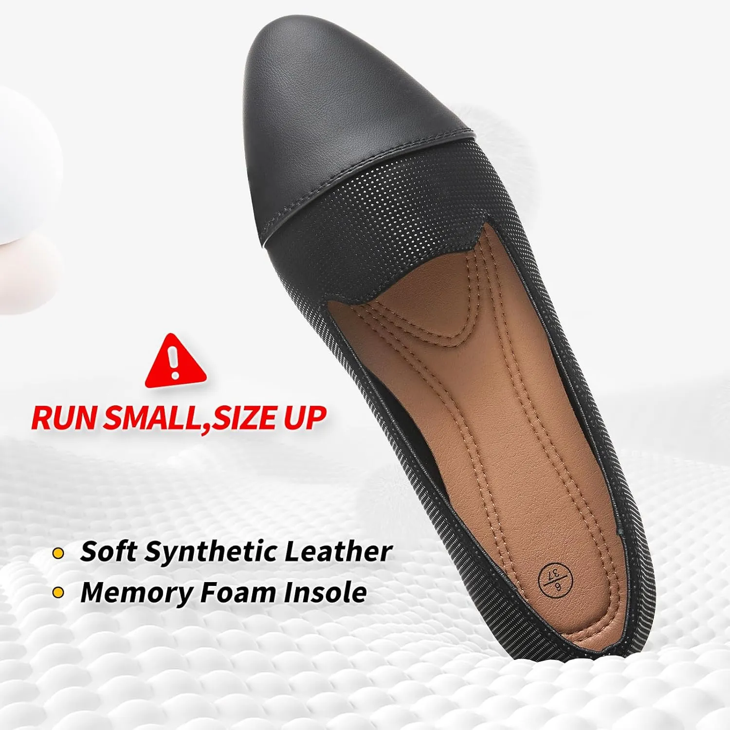 BABUDOG Womens Flats with Synthetic Leather,Classic Black and White Flats Shoes,Dress Shoes for Women