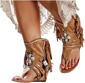 BORAMAX Womens Gladiator Fringe Thong Flat Sandals Retro Bohemian Beach Roman Boots Tassel Flip Flops Wedge Sandals Brown-8.5