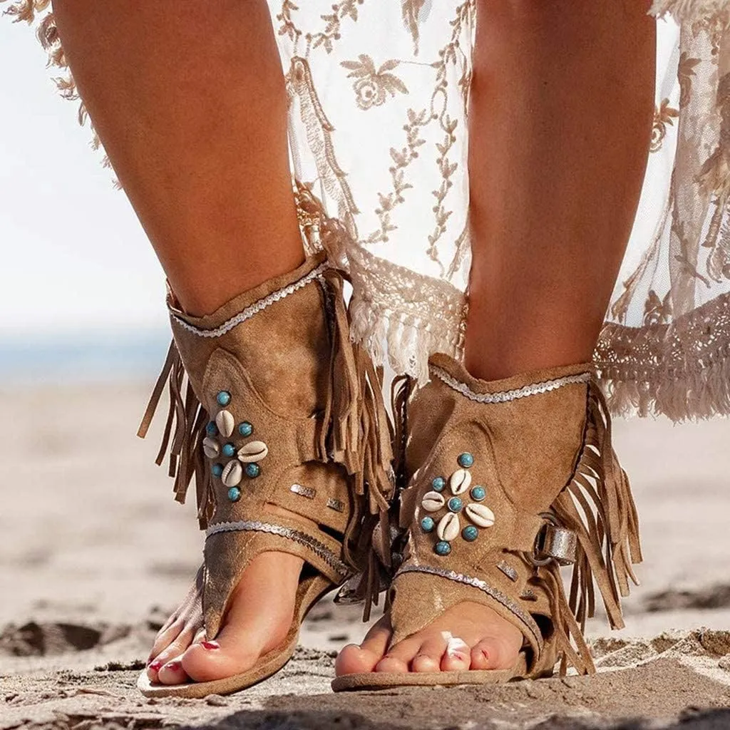 BORAMAX Womens Gladiator Fringe Thong Flat Sandals Retro Bohemian Beach Roman Boots Tassel Flip Flops Wedge Sandals Brown-8.5