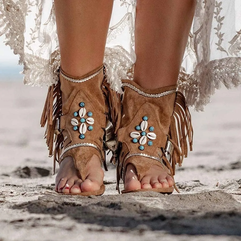 BORAMAX Womens Gladiator Fringe Thong Flat Sandals Retro Bohemian Beach Roman Boots Tassel Flip Flops Wedge Sandals Brown-8.5