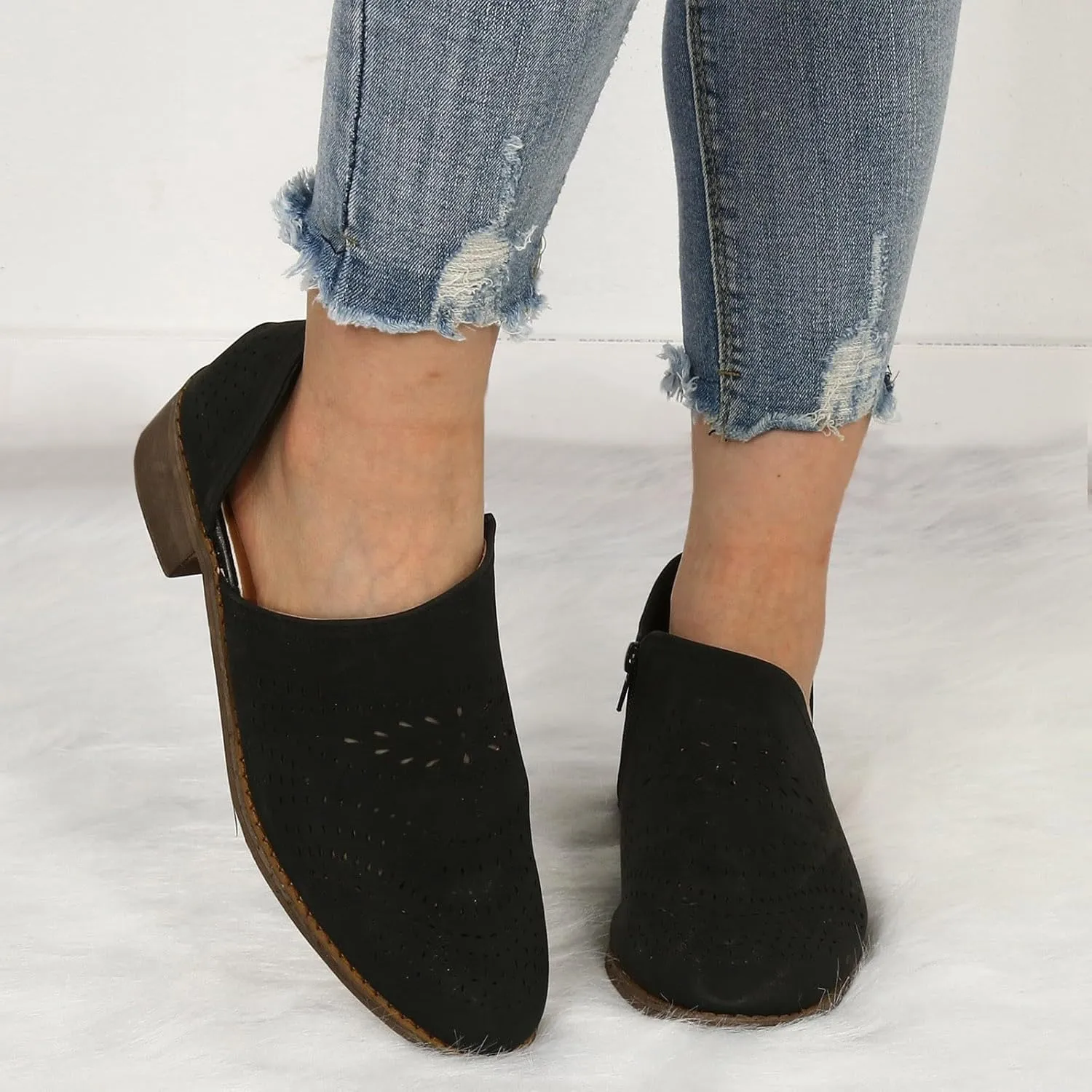 Cathalem Boots for Women Wedges Ankle Booties Retro V Cutout Comfy Short Boots Leather Color Block Chunky Block Heels Shoes