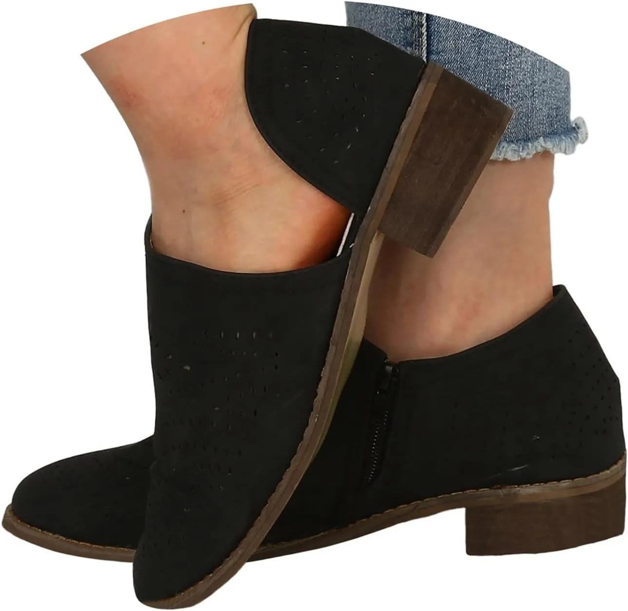 Cathalem Boots for Women Wedges Ankle Booties Retro V Cutout Comfy Short Boots Leather Color Block Chunky Block Heels Shoes