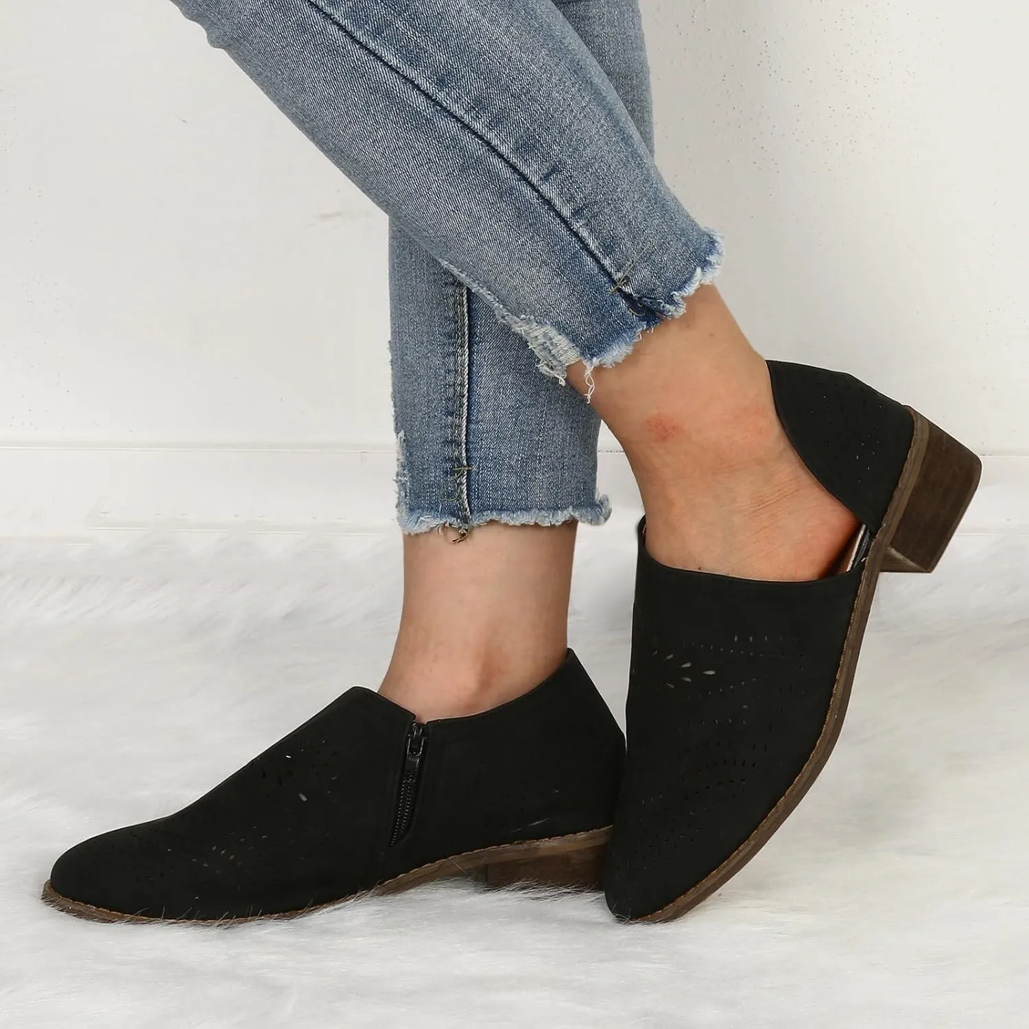 Cathalem Boots for Women Wedges Ankle Booties Retro V Cutout Comfy Short Boots Leather Color Block Chunky Block Heels Shoes
