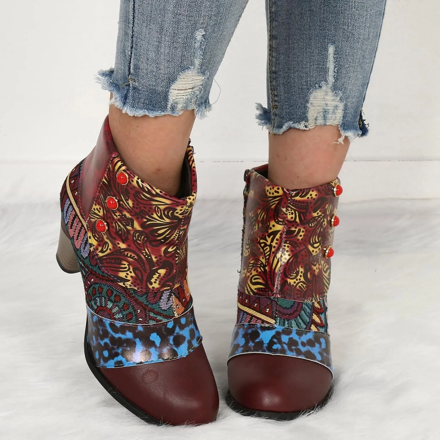 Cowboy Boots for Women Women's Embroidered Ankle Boots Fashion Leather Trendy Chunky Block Heel Dress Short Boots Round Toe