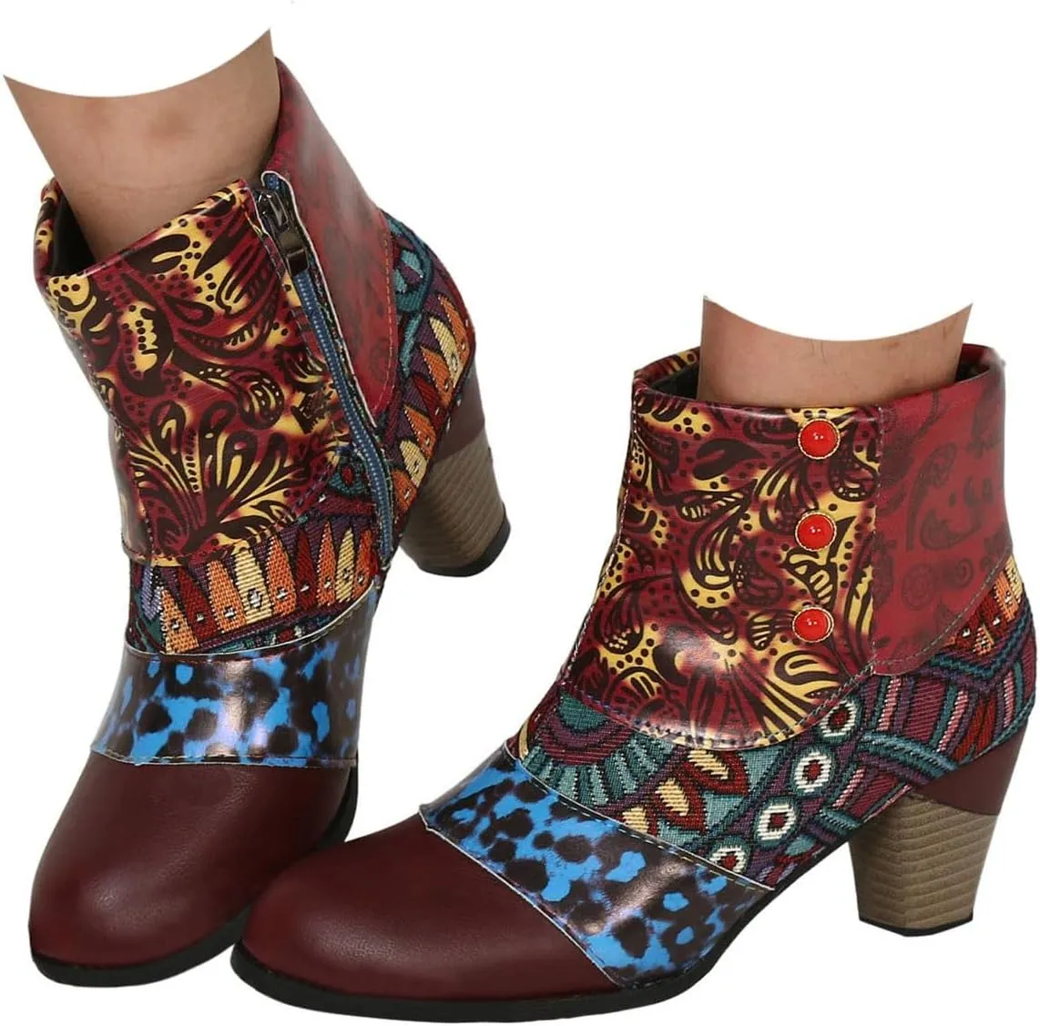 Cowboy Boots for Women Women's Embroidered Ankle Boots Fashion Leather Trendy Chunky Block Heel Dress Short Boots Round Toe