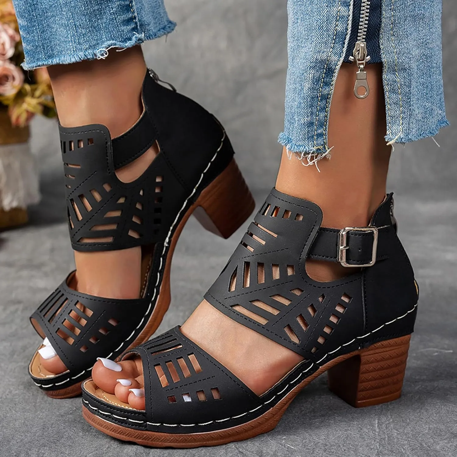 Cutout Chunky Heel Sandal for Women Comfortable Open Toe Summer Shoes with Adjustable Ankle Buckle Bohemian Hollow Out Leather Dressy Platform Block High Heeled Party Sandals