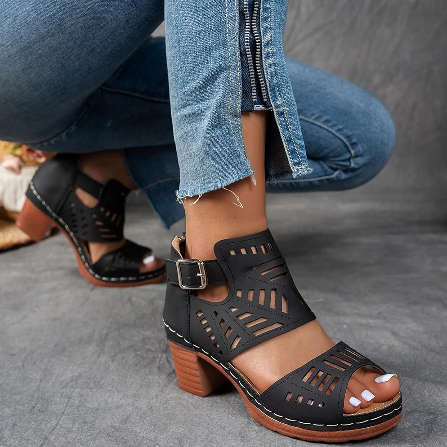 Cutout Chunky Heel Sandal for Women Comfortable Open Toe Summer Shoes with Adjustable Ankle Buckle Bohemian Hollow Out Leather Dressy Platform Block High Heeled Party Sandals