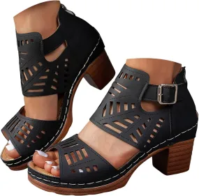 Cutout Chunky Heel Sandal for Women Comfortable Open Toe Summer Shoes with Adjustable Ankle Buckle Bohemian Hollow Out Leather Dressy Platform Block High Heeled Party Sandals