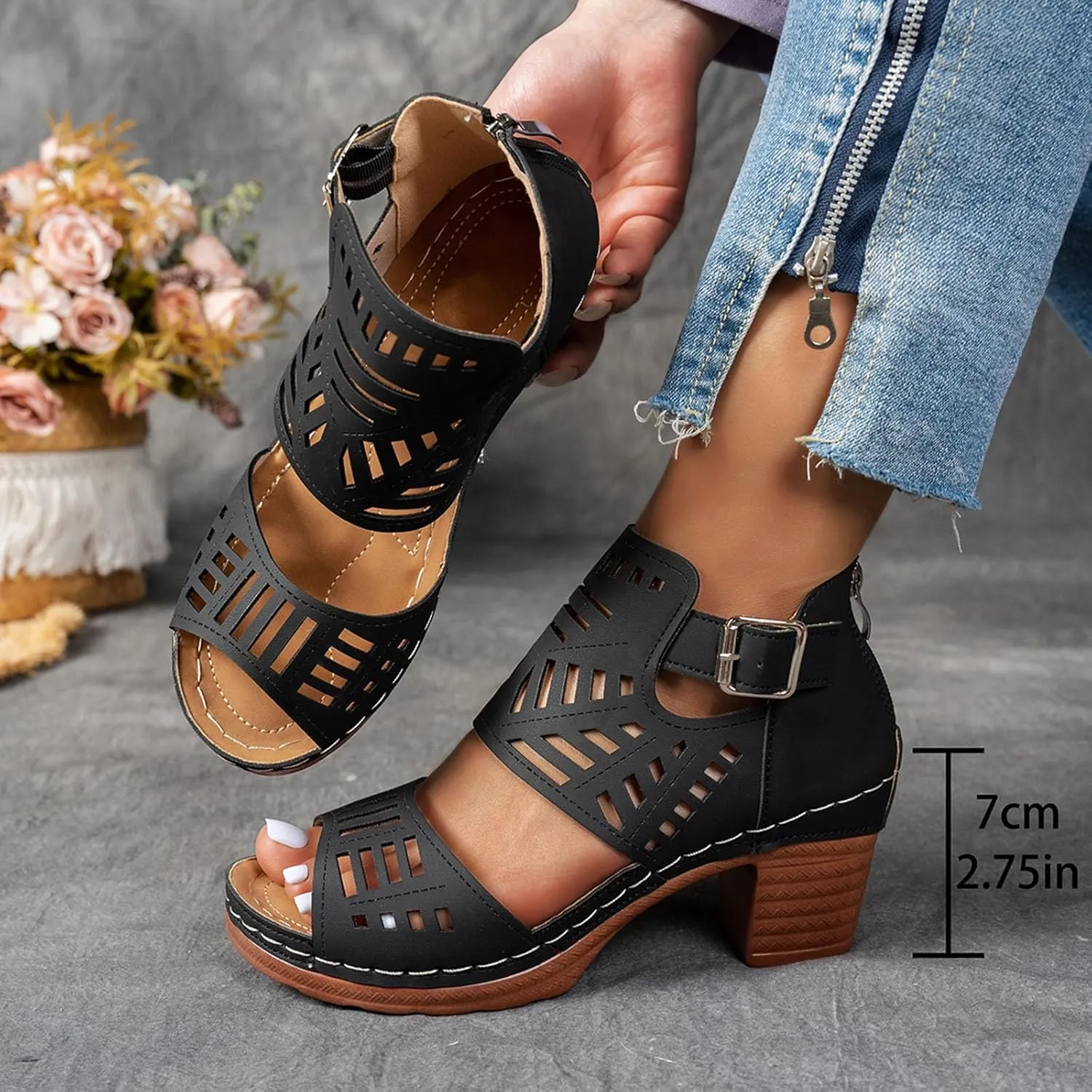 Cutout Chunky Heel Sandal for Women Comfortable Open Toe Summer Shoes with Adjustable Ankle Buckle Bohemian Hollow Out Leather Dressy Platform Block High Heeled Party Sandals