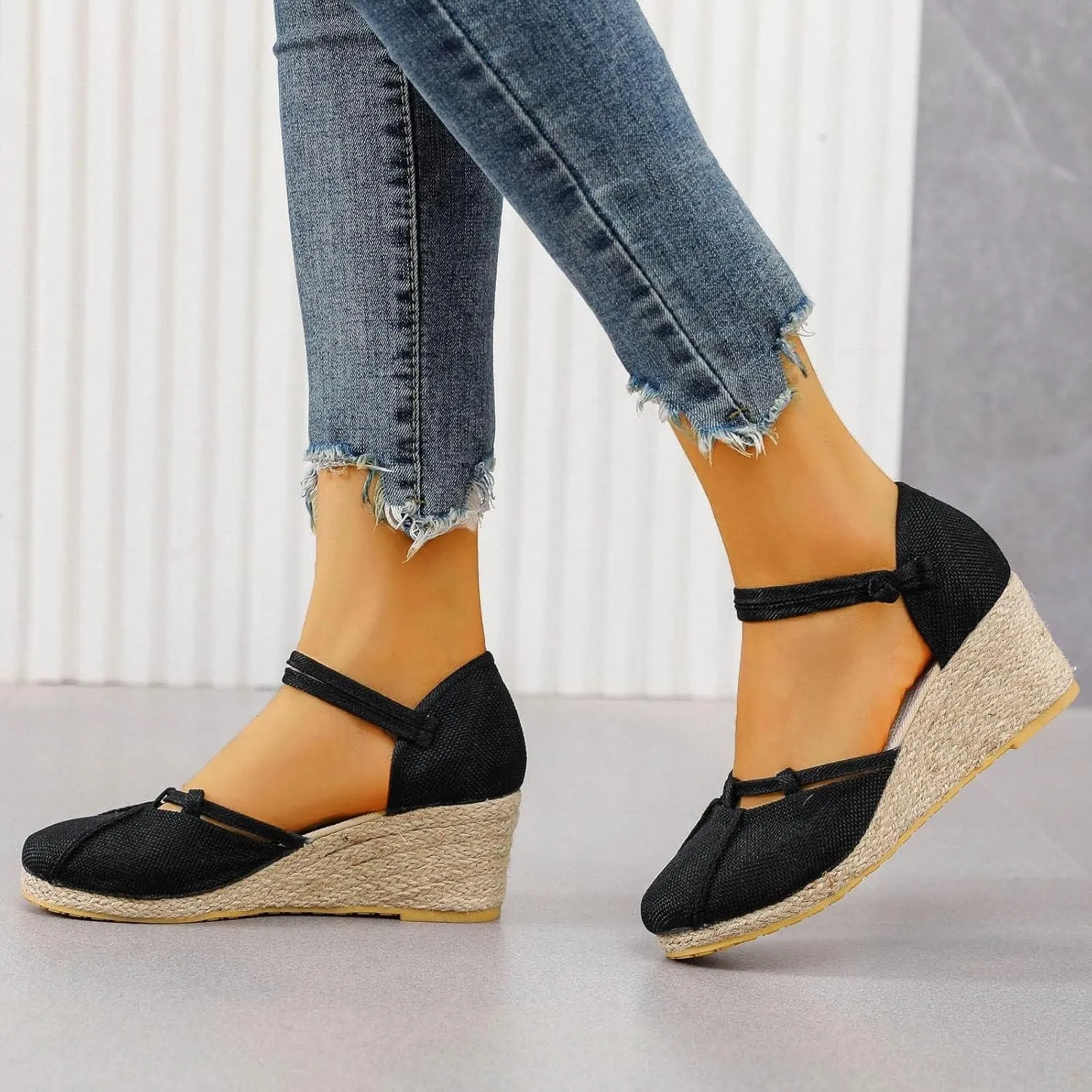 Espadrilles Wedges for Women Dressy Summer Comfortable Non Slip Retro Sandals Closed Toe Strappy Ankle Strap Summer Casual Beach Walking Shoes for Office Or Fashion