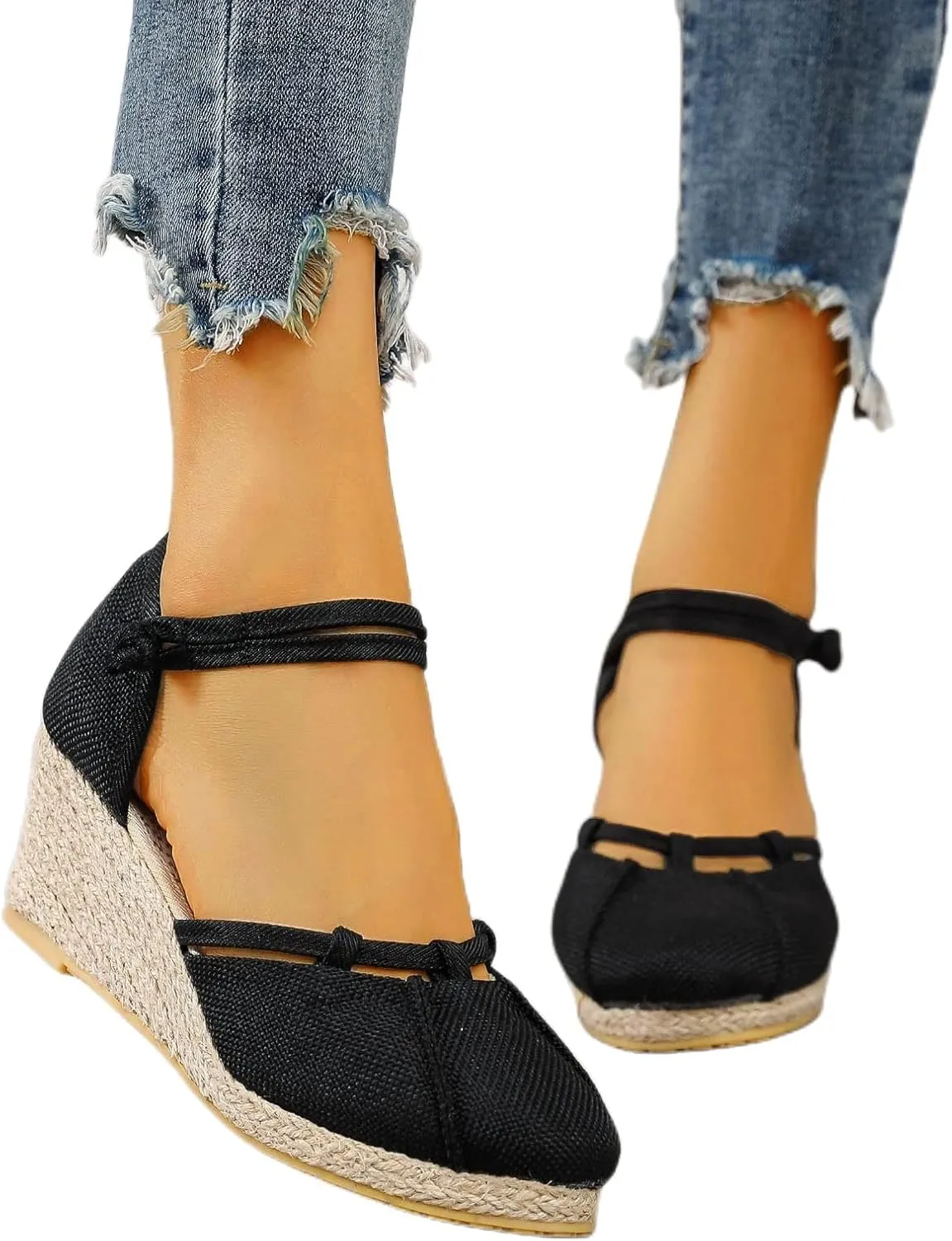 Espadrilles Wedges for Women Dressy Summer Comfortable Non Slip Retro Sandals Closed Toe Strappy Ankle Strap Summer Casual Beach Walking Shoes for Office Or Fashion