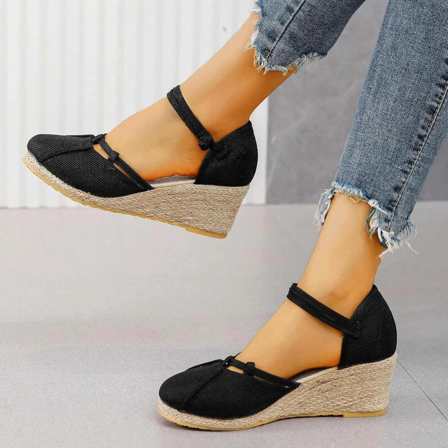 Espadrilles Wedges for Women Dressy Summer Comfortable Non Slip Retro Sandals Closed Toe Strappy Ankle Strap Summer Casual Beach Walking Shoes for Office Or Fashion