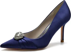 FufoneUS Bridal Shoes Women's Closed Toe Stiletto Bridal Evening Party Wedding Dress Shoes with Crystal,Dark Blue,5