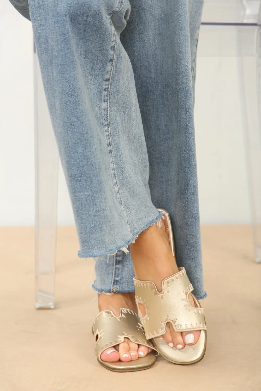 GOLD FAUX LEATHER STITCH DETAIL DESIGNER STRAP SANDALS