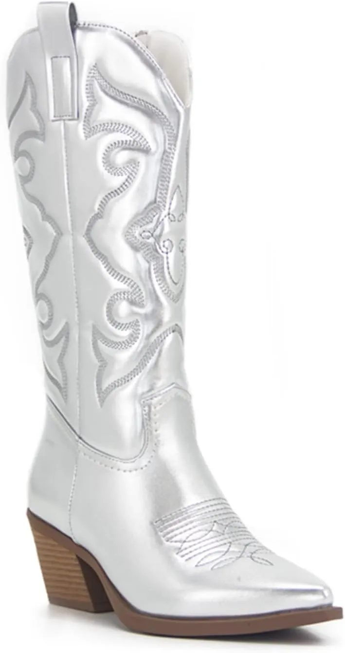 Ladmiple Cowboy Boots For Women Wide Calf Knee High Cowgirl Western Boots Tall Pointed Toe Embroidered Pull On Fashion Boots
