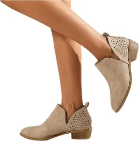 Lausiuoe Womens Boots Ankle Low Heel Chunky Block Cutout Booties Casual Dressy Wide Width Fashion Slip on Western Shoes