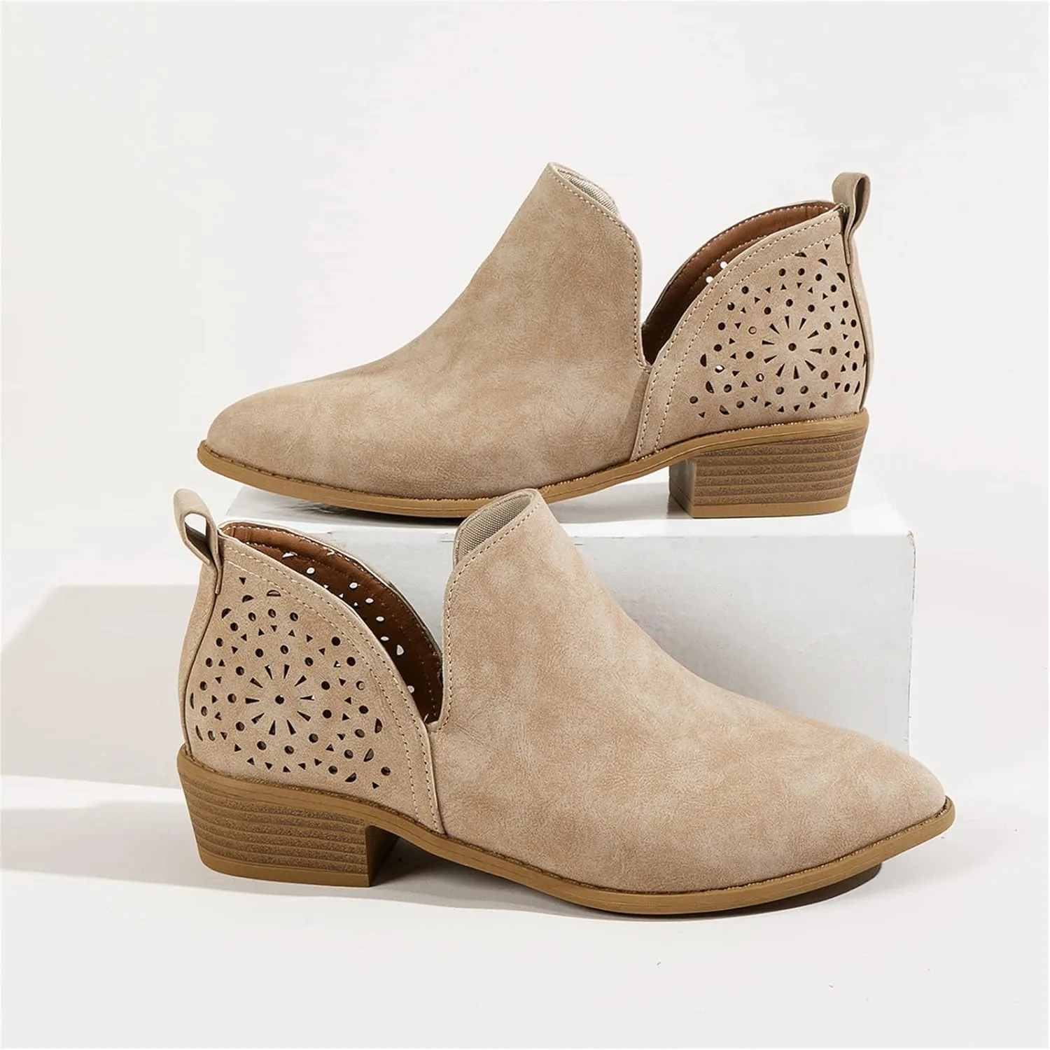 Lausiuoe Womens Boots Ankle Low Heel Chunky Block Cutout Booties Casual Dressy Wide Width Fashion Slip on Western Shoes