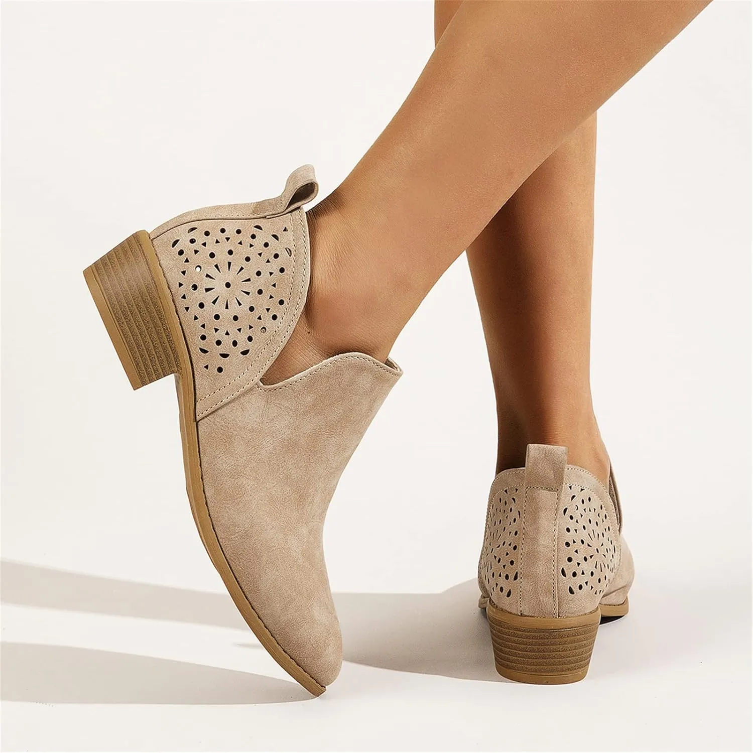 Lausiuoe Womens Boots Ankle Low Heel Chunky Block Cutout Booties Casual Dressy Wide Width Fashion Slip on Western Shoes