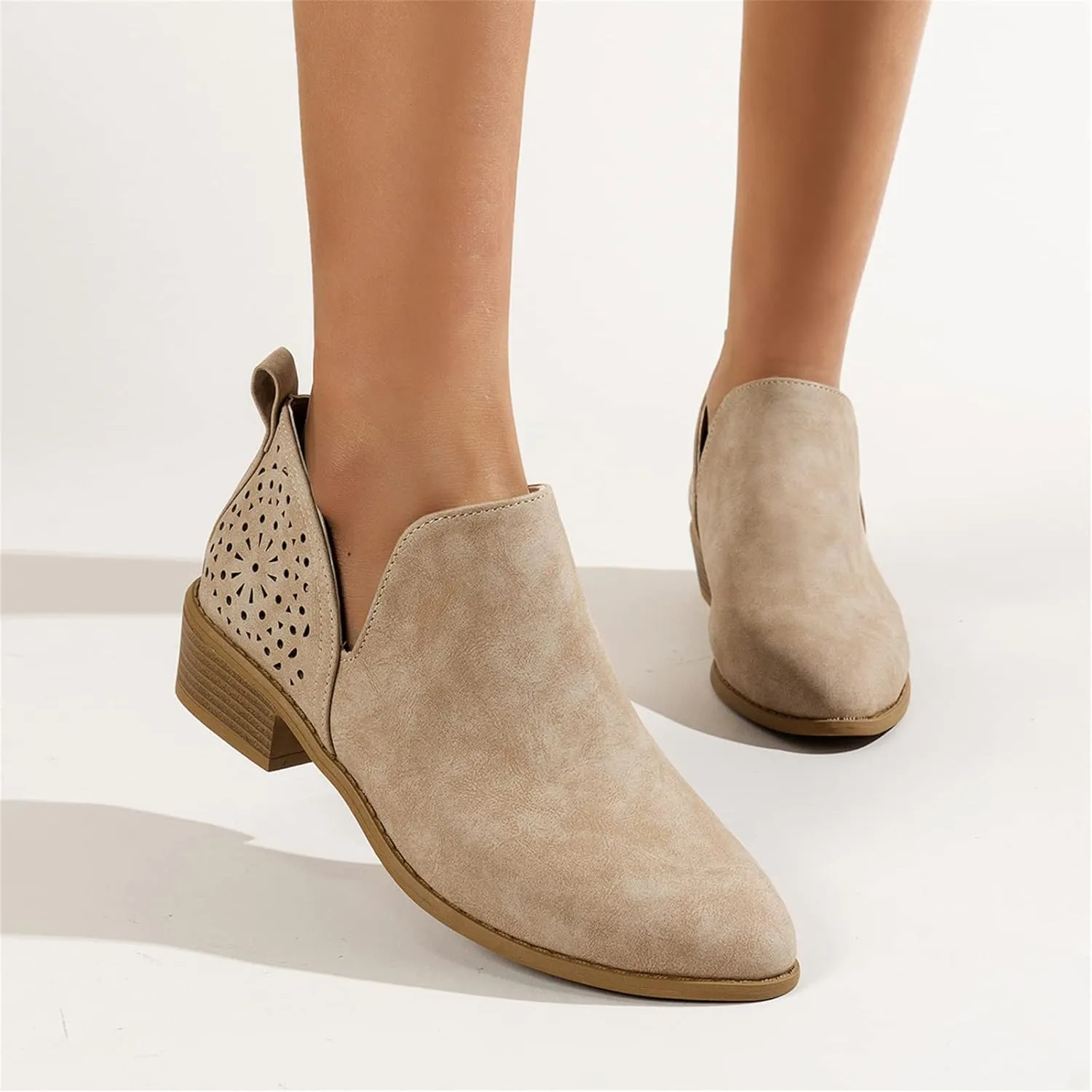 Lausiuoe Womens Boots Ankle Low Heel Chunky Block Cutout Booties Casual Dressy Wide Width Fashion Slip on Western Shoes