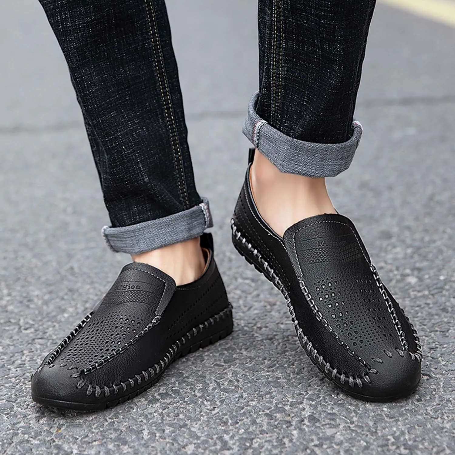 Men's Breathable Walking Shoes Comfortable Casual Leather Shoes Lightweight Loafers Retro Business Office Shoes Hollowed Out Leather Casual Shoes Outdoor Hiking Driving Shoes