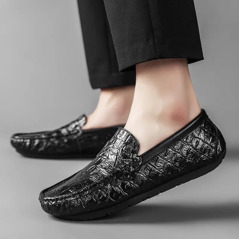 Men's Loafers Shoes Round Toe Crocodile Print Faux Leather Penny Driving Loafers Comfortable Slip Resistant Flat Heel Walking Party Slip-ons