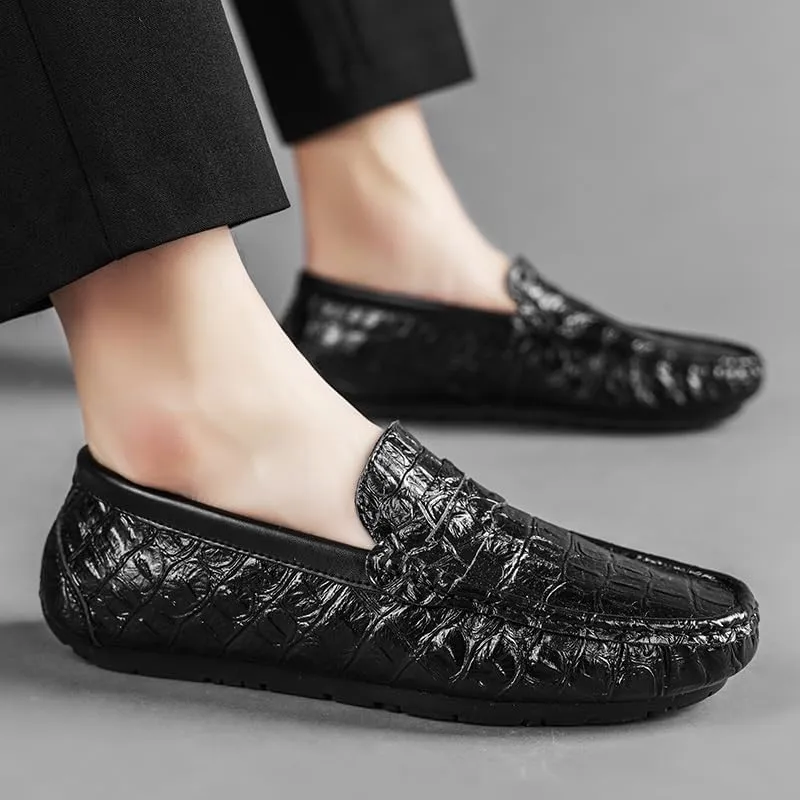 Men's Loafers Shoes Round Toe Crocodile Print Faux Leather Penny Driving Loafers Comfortable Slip Resistant Flat Heel Walking Party Slip-ons