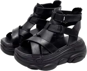 NELSBREXWomen'S Leather Open Toe Platform Roman Sandals with Hook and Loop Fashion Cross Straps Breathable Soft Sole Non-Slip Heightening Cool Ankle Boots Vintage Outdoor Casual Shoes
