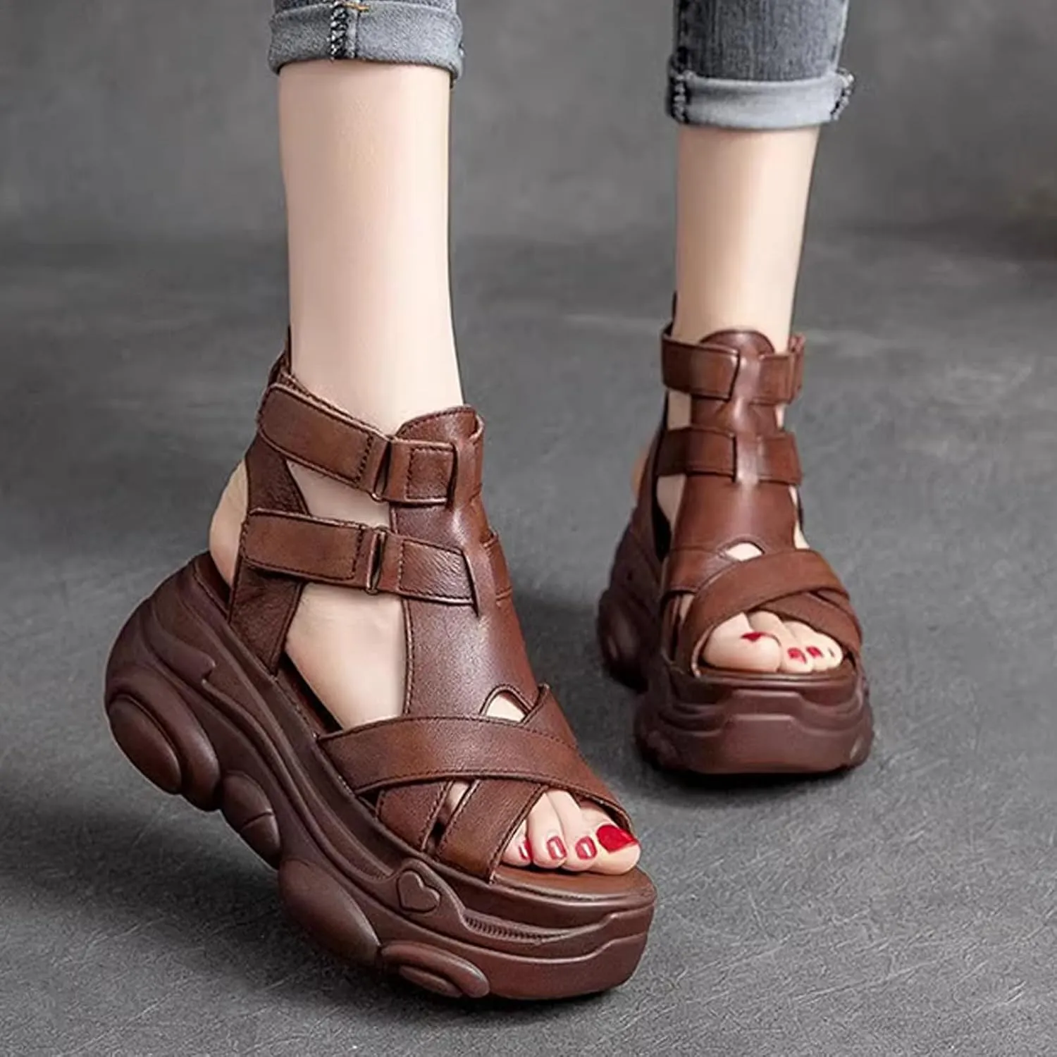 NELSBREXWomen'S Leather Open Toe Platform Roman Sandals with Hook and Loop Fashion Cross Straps Breathable Soft Sole Non-Slip Heightening Cool Ankle Boots Vintage Outdoor Casual Shoes