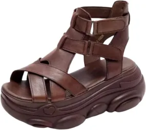 NELSBREXWomen'S Leather Open Toe Platform Roman Sandals with Hook and Loop Fashion Cross Straps Breathable Soft Sole Non-Slip Heightening Cool Ankle Boots Vintage Outdoor Casual Shoes