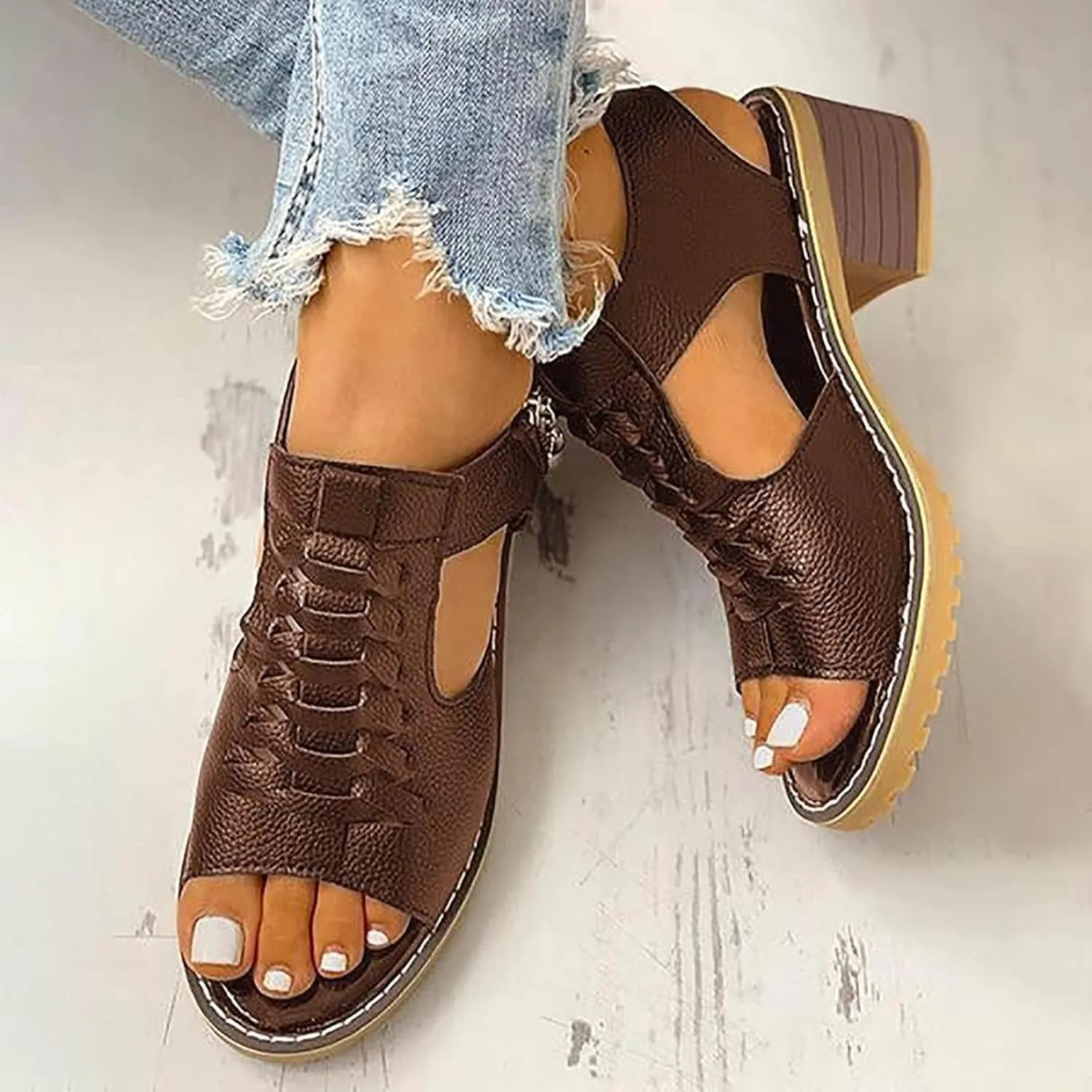 Orthopedic Sandals for Women Casual Fish Mouth WedgeSandals Peep Toe Cutout Zipper Chunky Heeled Sandal Thick Sole Wedge Slippers Comfortable Platform Slip On Shoes