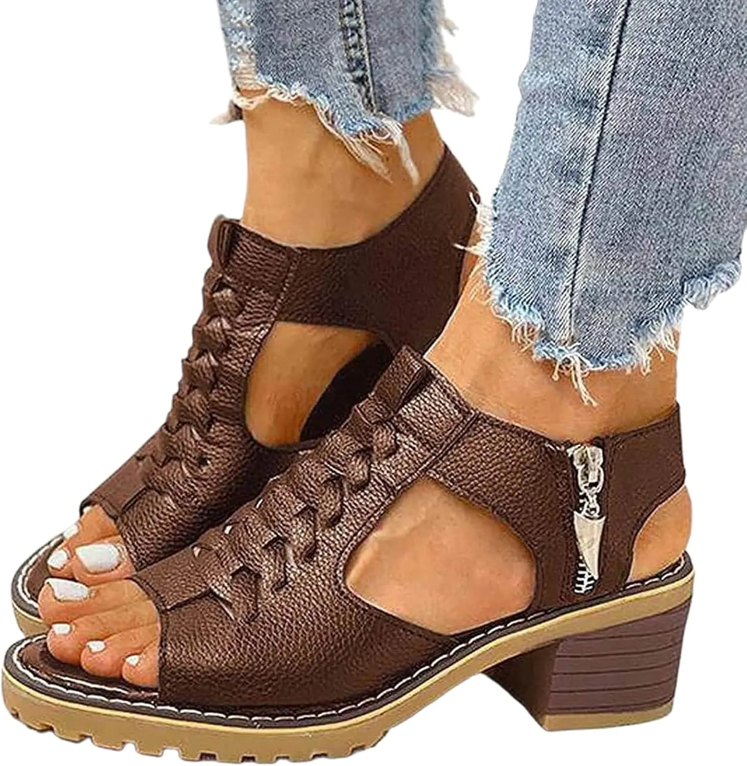 Orthopedic Sandals for Women Casual Fish Mouth WedgeSandals Peep Toe Cutout Zipper Chunky Heeled Sandal Thick Sole Wedge Slippers Comfortable Platform Slip On Shoes