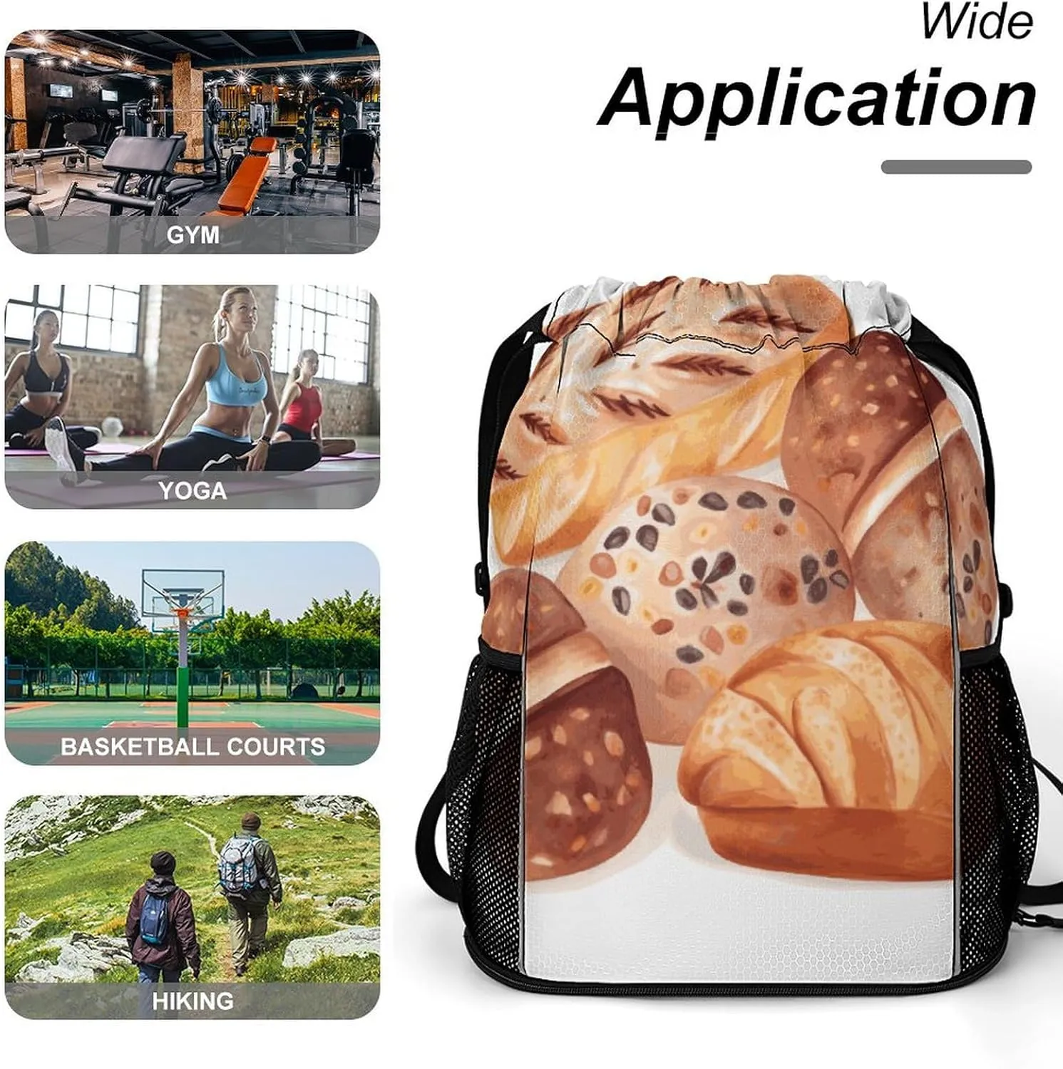 Sports Drawstring Backpack Lightweight Small Gym Bag Painted Bread Gym Sackpack for Women Men