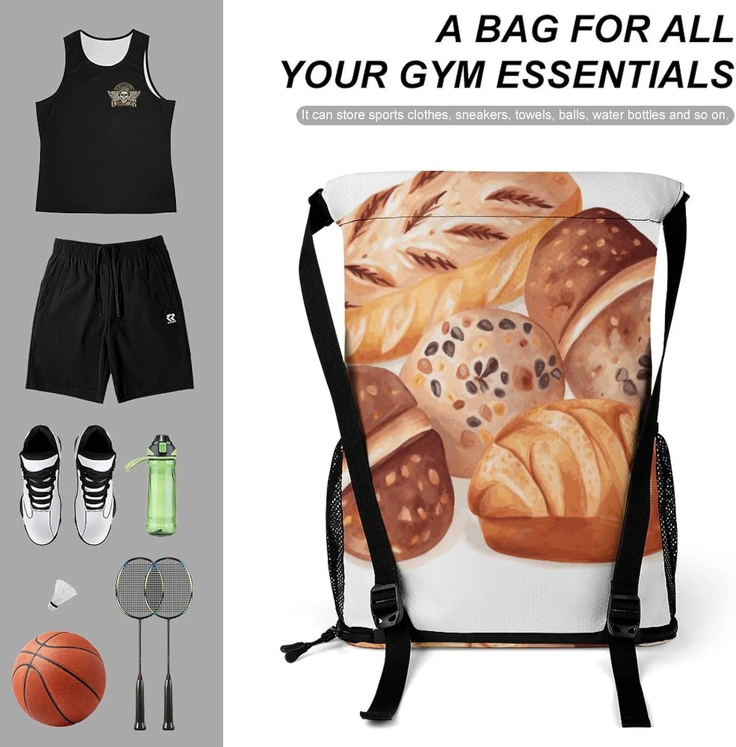 Sports Drawstring Backpack Lightweight Small Gym Bag Painted Bread Gym Sackpack for Women Men