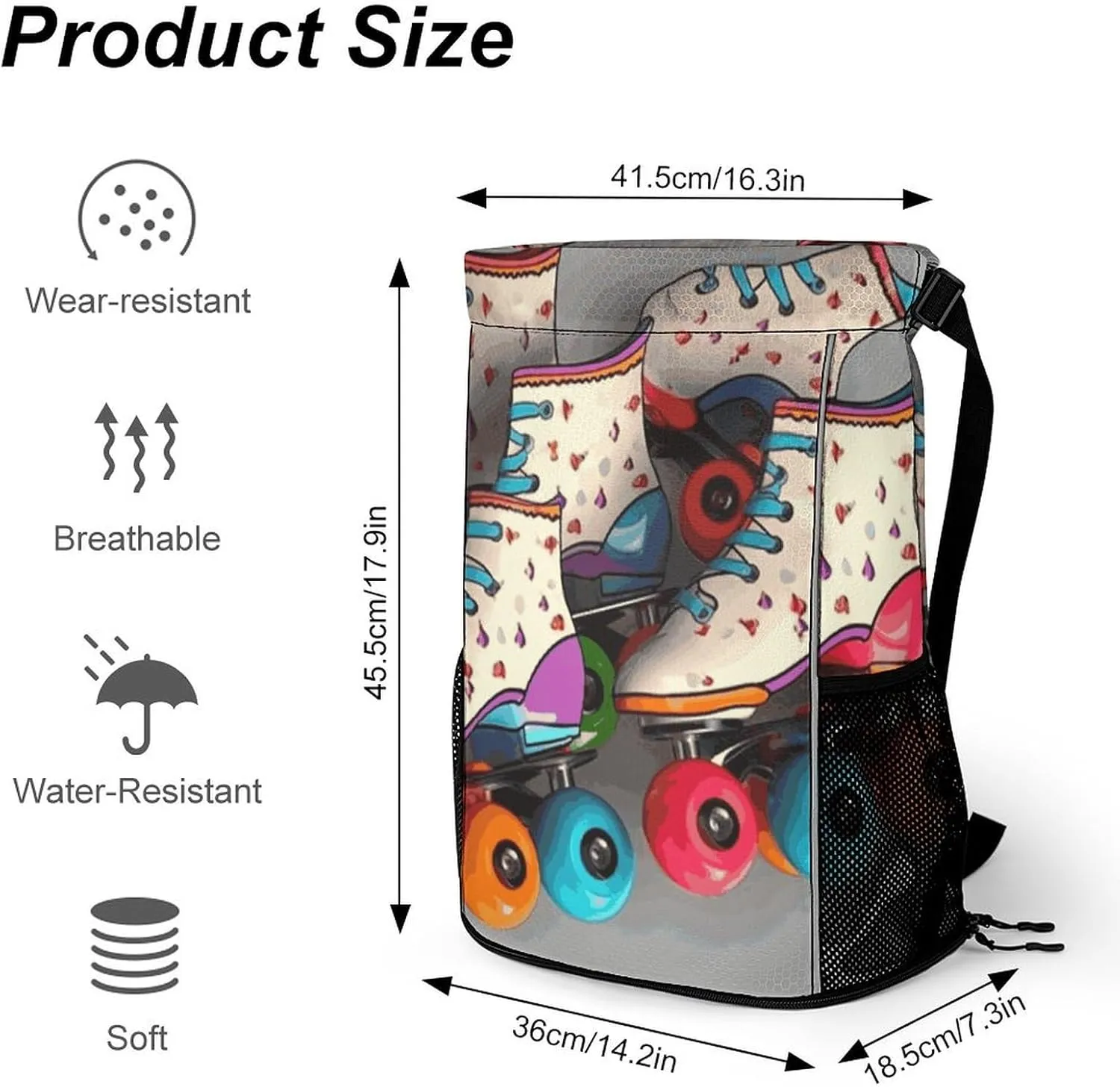 Sports Drawstring Backpack Lightweight Small Gym Bag Retro Roller Skates Colorful Gym Sackpack for Women Men