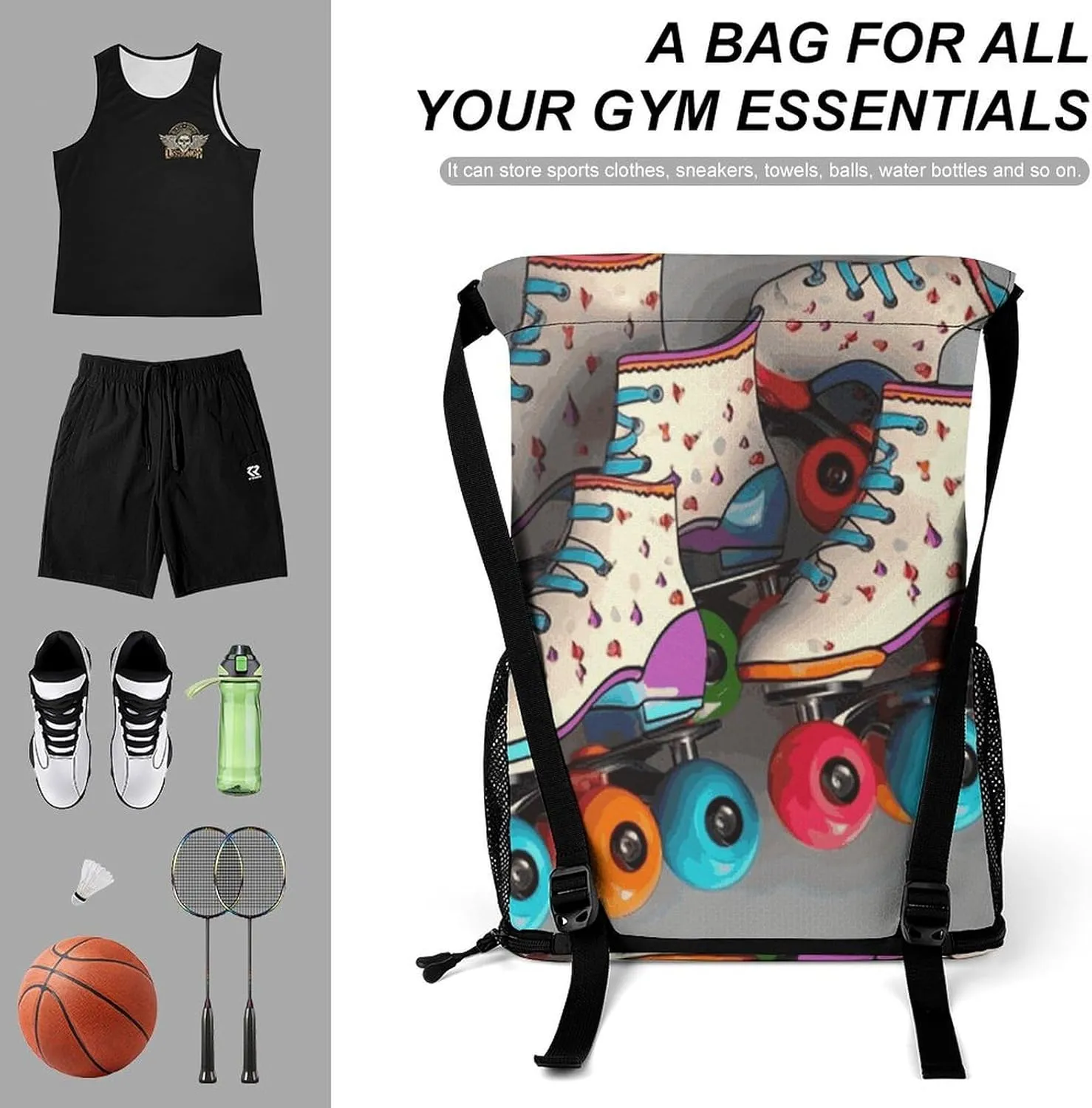 Sports Drawstring Backpack Lightweight Small Gym Bag Retro Roller Skates Colorful Gym Sackpack for Women Men
