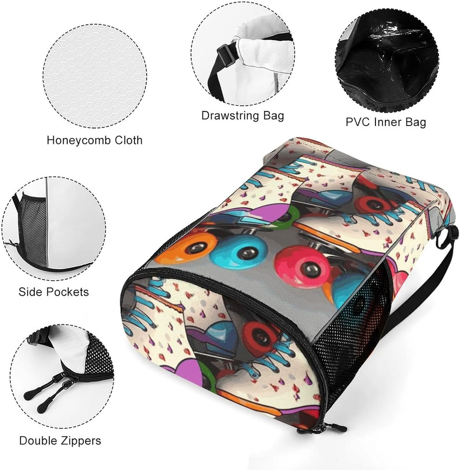 Sports Drawstring Backpack Lightweight Small Gym Bag Retro Roller Skates Colorful Gym Sackpack for Women Men