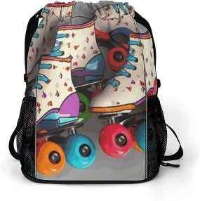 Sports Drawstring Backpack Lightweight Small Gym Bag Retro Roller Skates Colorful Gym Sackpack for Women Men
