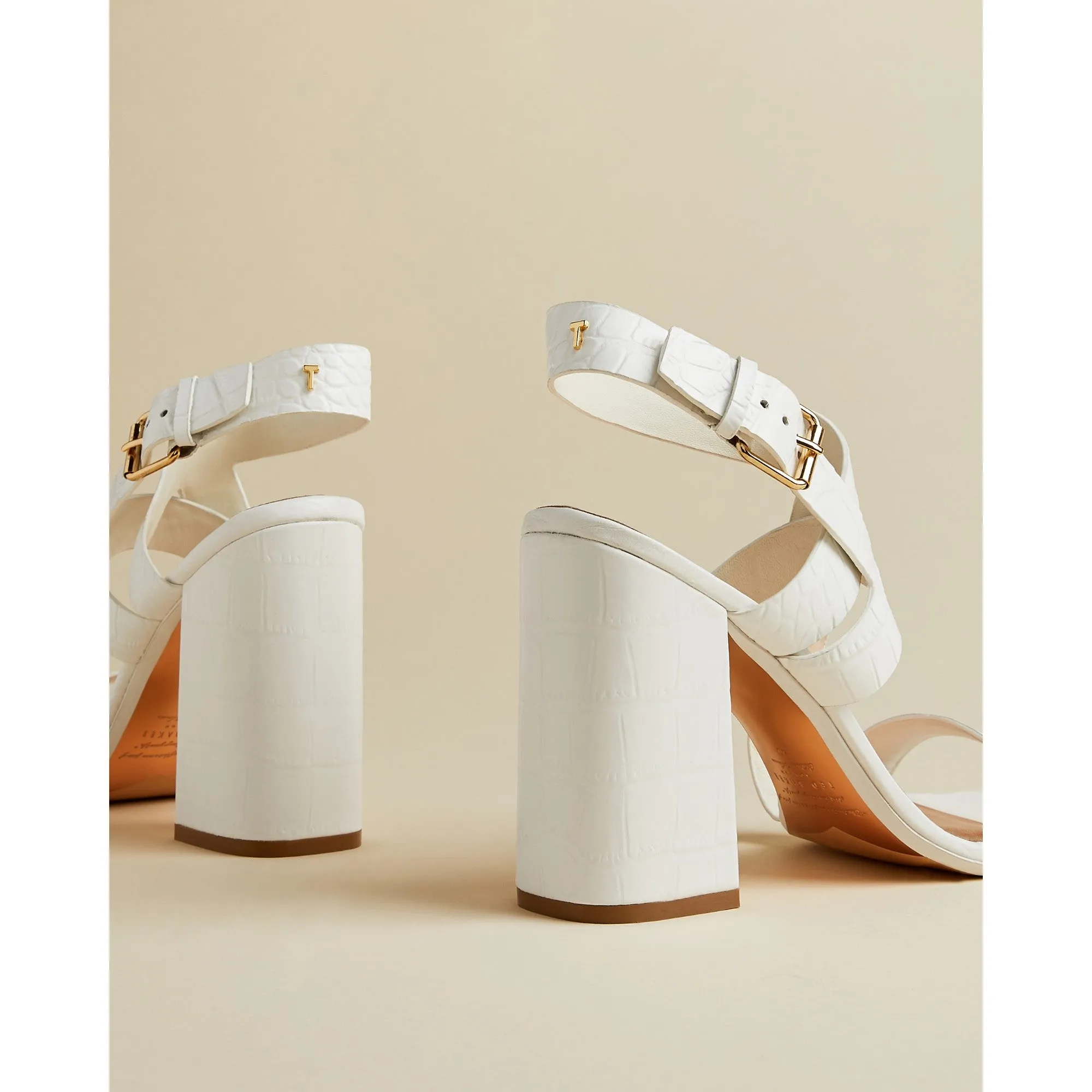 Women Kaseraa-Embossed Croc Effect Block Heeled T Sandal - White