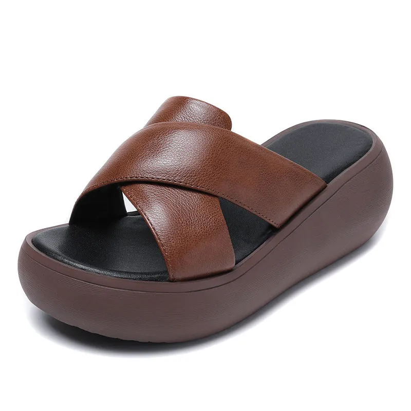 Women Leather Summer Casual Platform Slide Sandals