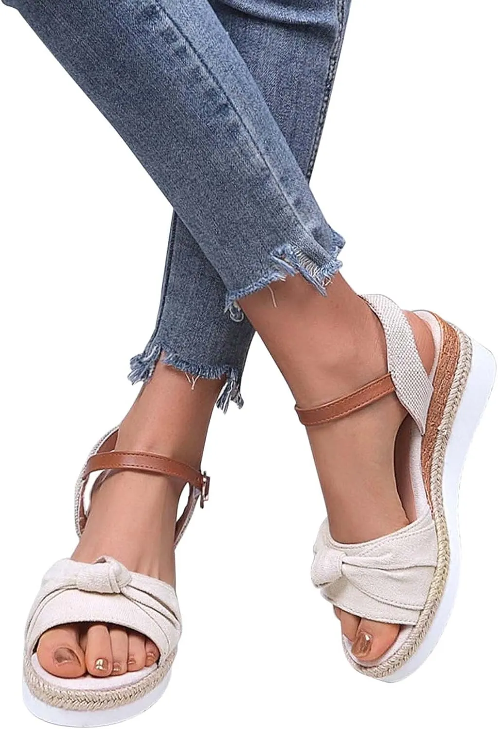 Women's Colorblock Braided Wedge Sandal Bowknot Embellished Thick Strappy Shoe Hook and Eye High Heel Platform Shoes