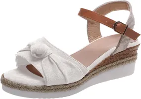 Women's Colorblock Braided Wedge Sandal Bowknot Embellished Thick Strappy Shoe Hook and Eye High Heel Platform Shoes