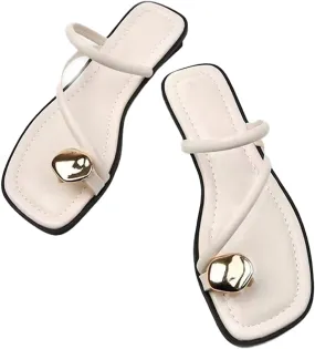 Women's Leather Strappy Flat Metal Toe Ring Sandals Fashionable Square Open Toe Low Block Heel Slip-On Clip Toe Slide Sandals Casual Summer Beach Slipper