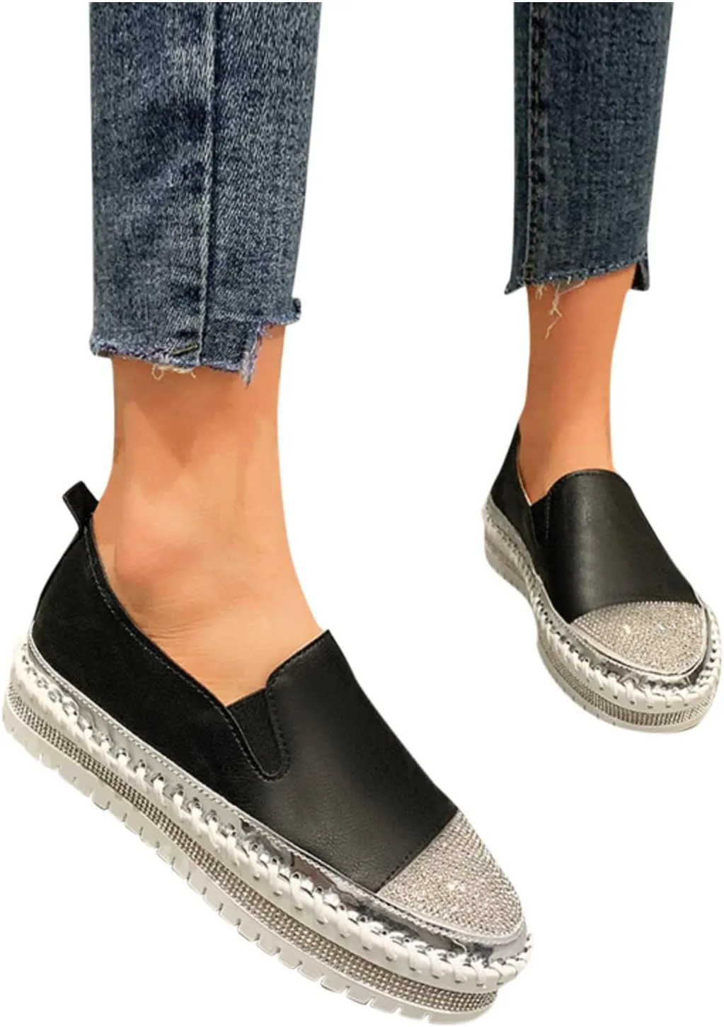 Womens Slip On Loafer Shoes Casual Rhinestone Fashion Shoes Platform Flat Single Orthopedic Shoes Dress Shoes