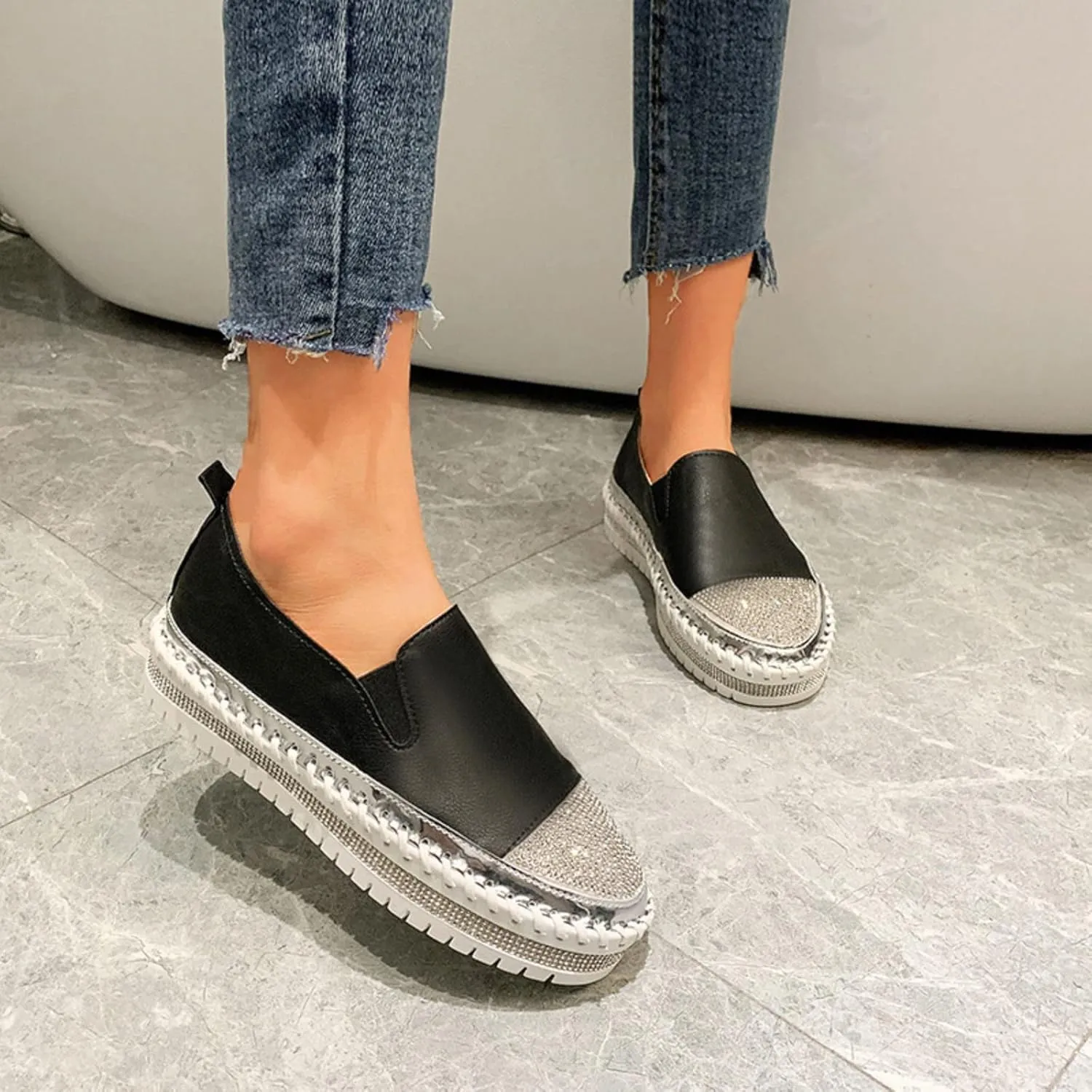 Womens Slip On Loafer Shoes Casual Rhinestone Fashion Shoes Platform Flat Single Orthopedic Shoes Dress Shoes
