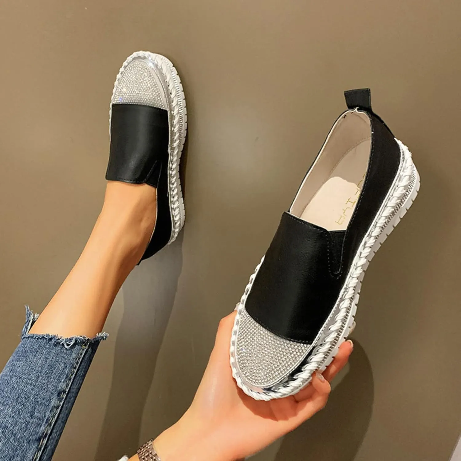 Womens Slip On Loafer Shoes Casual Rhinestone Fashion Shoes Platform Flat Single Orthopedic Shoes Dress Shoes