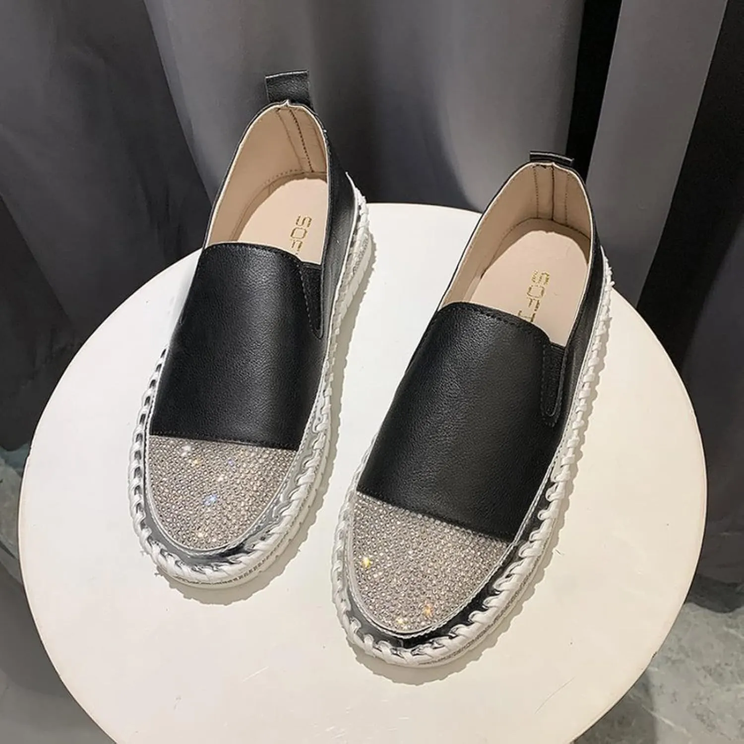 Womens Slip On Loafer Shoes Casual Rhinestone Fashion Shoes Platform Flat Single Orthopedic Shoes Dress Shoes