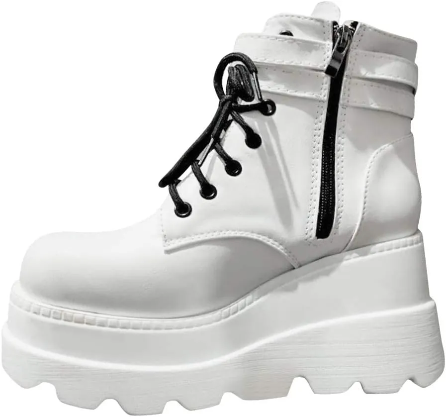 ZBYY Women's Wedge Platform Ankle Boots with Chunky Block Heels for Women Round Toe Lace Up Motorcycle Platform Combat Ankle Boots