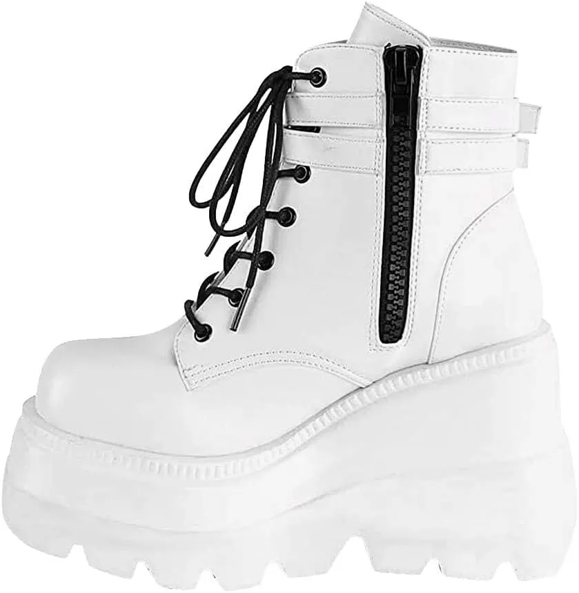 ZBYY Women's Wedge Platform Ankle Boots with Chunky Block Heels for Women Round Toe Lace Up Motorcycle Platform Combat Ankle Boots